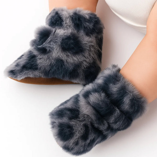 Baby Unisex Fur Animal Print Velcro Booties (Grey)-BT5076