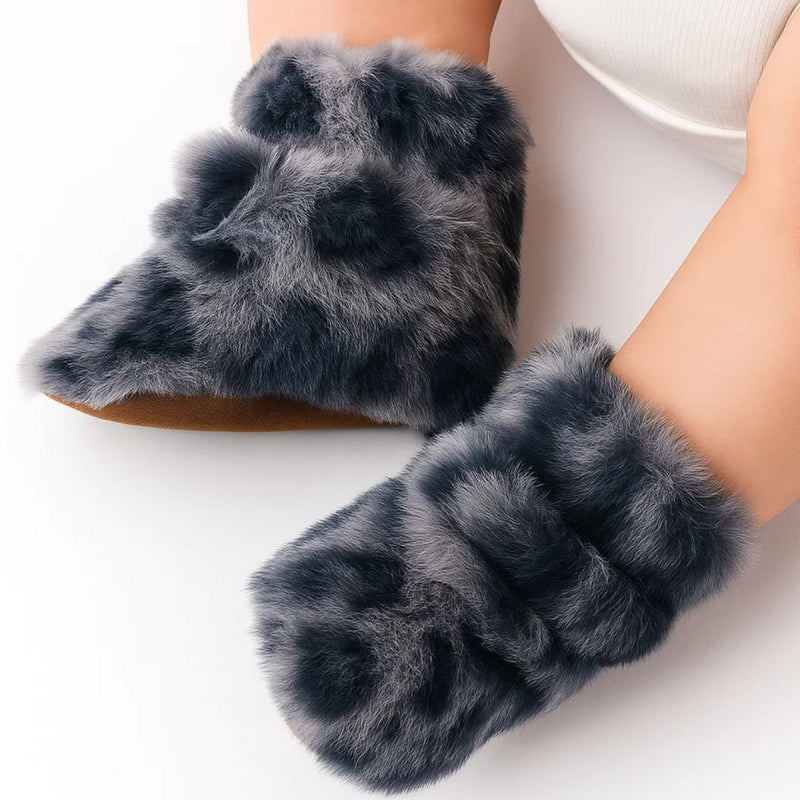 Baby Unisex Fur Animal Print Velcro Booties (Grey)-BT5076