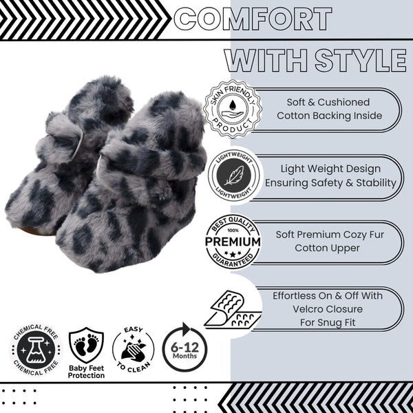Baby Unisex Fur Animal Print Velcro Booties (Grey)-BT5076