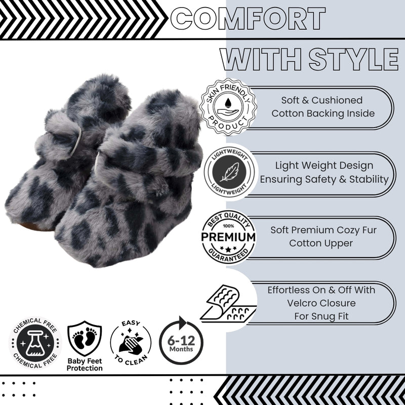 Baby Unisex Fur Animal Print Velcro Booties (Grey)-BT5076