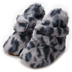 Baby Unisex Fur Animal Print Velcro Booties (Grey)-BT5076