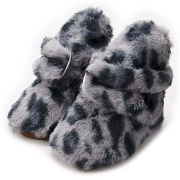 Baby Unisex Fur Animal Print Velcro Booties (Grey)-BT5076