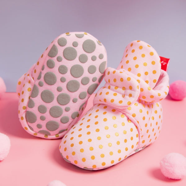Baby Unisex Cotton Polka Dot Velcro Booties (Pink)-BT5077