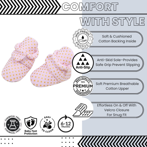 Baby Unisex Cotton Polka Dot Velcro Booties (Pink)-BT5077