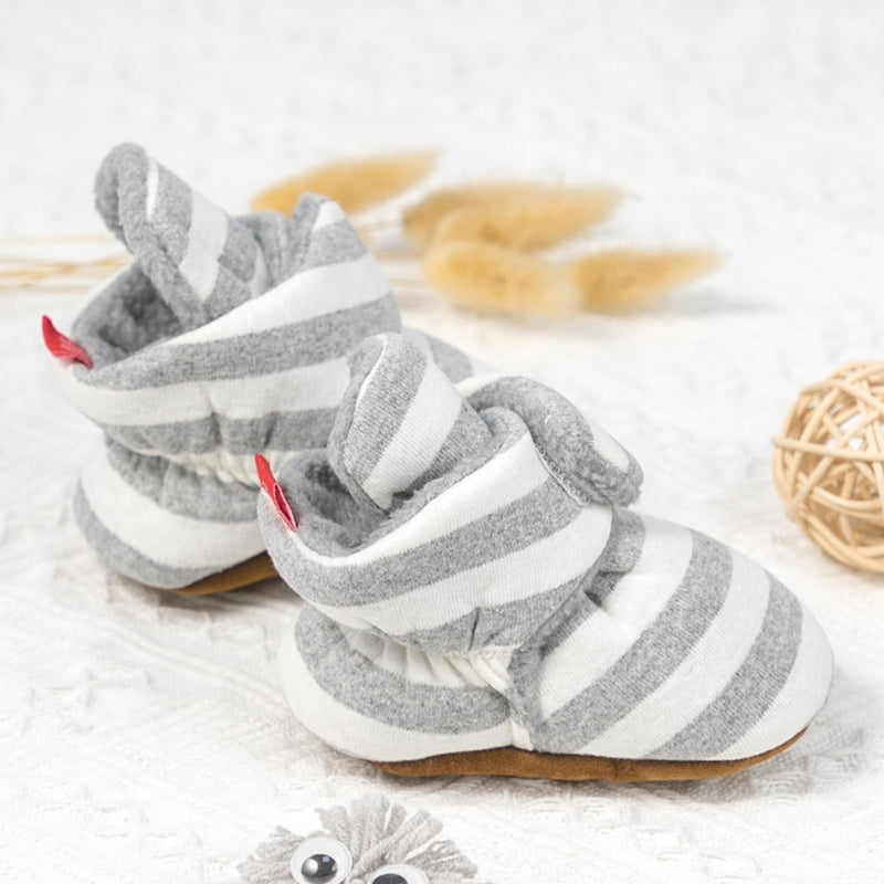Baby Unisex Cotton Striped Velcro Booties (Grey,White)-BT5078