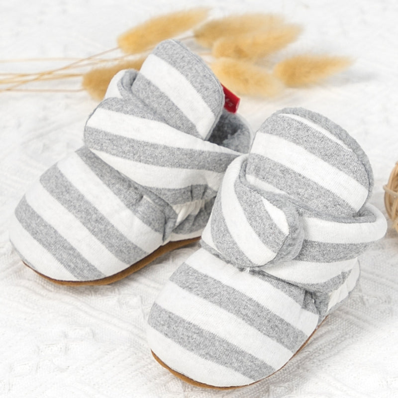 Baby Unisex Cotton Striped Velcro Booties (Grey,White)-BT5078