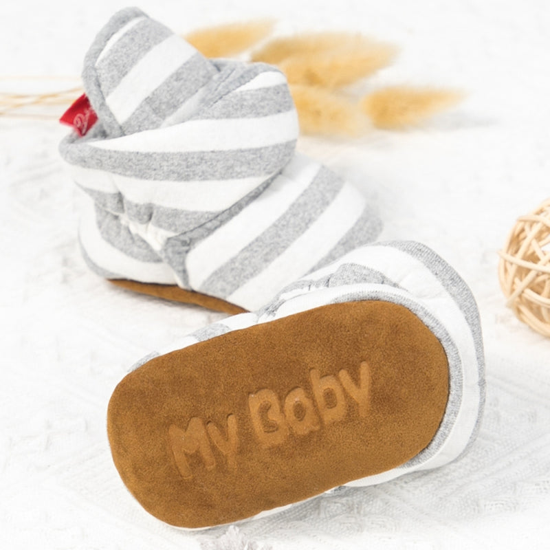Baby Unisex Cotton Striped Velcro Booties (Grey,White)-BT5078