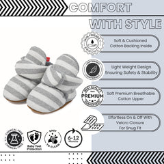 Baby Unisex Cotton Striped Velcro Booties (Grey,White)-BT5078
