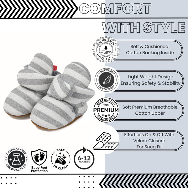 Baby Unisex Cotton Striped Velcro Booties (Grey,White)-BT5078