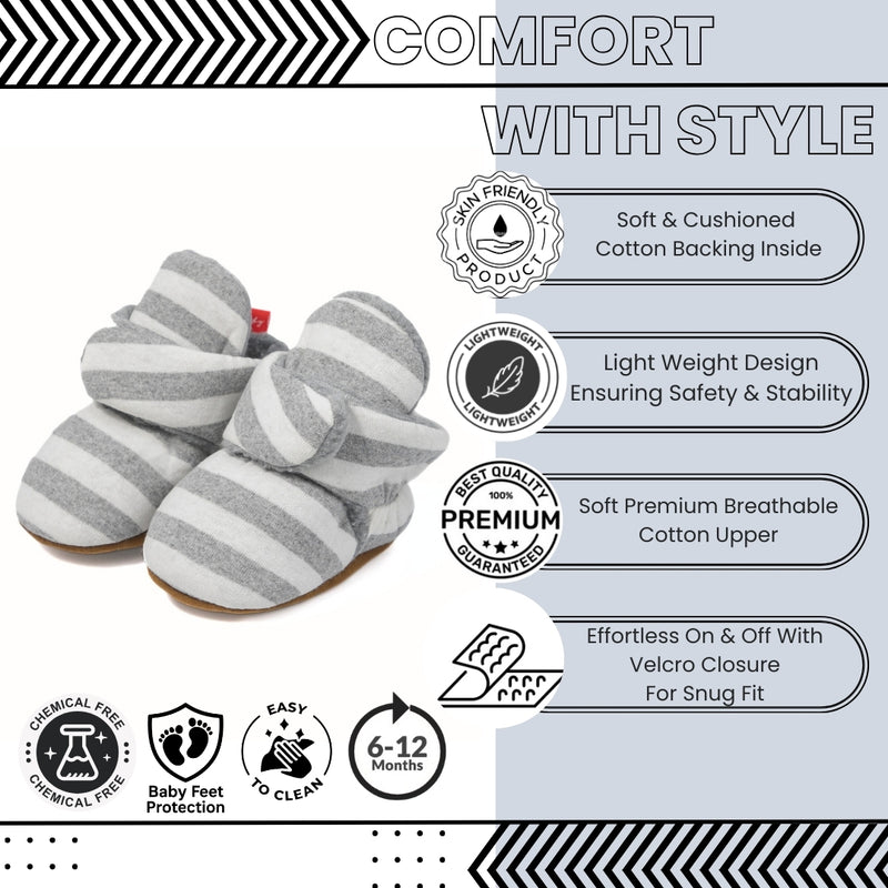 Baby Unisex Cotton Striped Velcro Booties (Grey,White)-BT5078