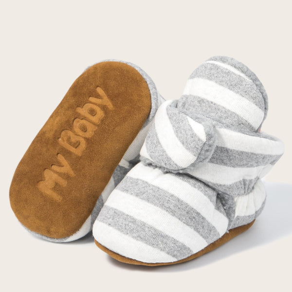 Baby Unisex Cotton Striped Velcro Booties (Grey,White)-BT5078