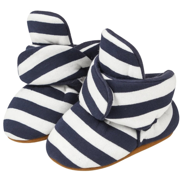 Baby Unisex Cotton Striped Velcro Booties (Blue,White)-BT5079