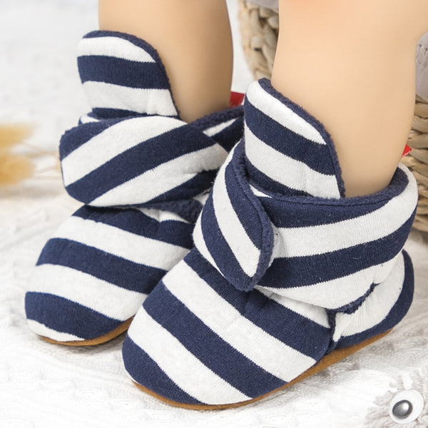 Baby Unisex Cotton Striped Velcro Booties (Blue,White)-BT5079