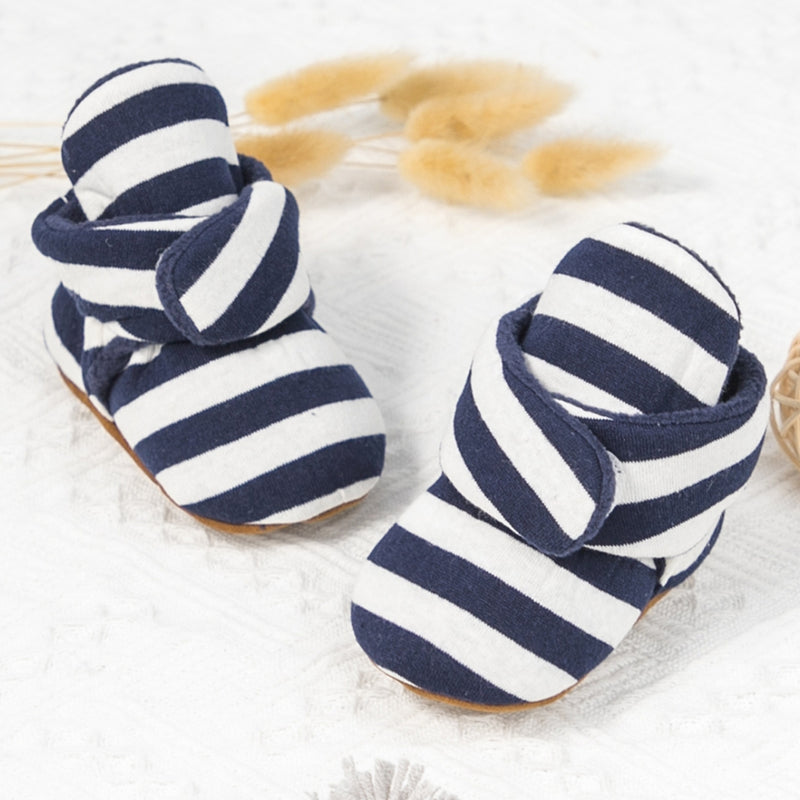 Baby Unisex Cotton Striped Velcro Booties (Blue,White)-BT5079