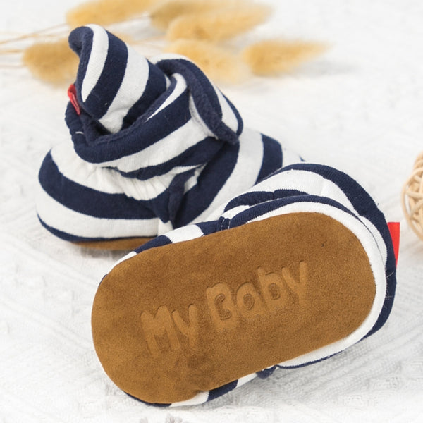 Baby Unisex Cotton Striped Velcro Booties (Blue,White)-BT5079