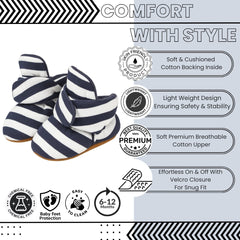 Baby Unisex Cotton Striped Velcro Booties (Blue,White)-BT5079