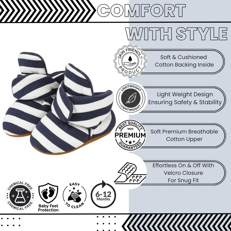 Baby Unisex Cotton Striped Velcro Booties (Blue,White)-BT5079