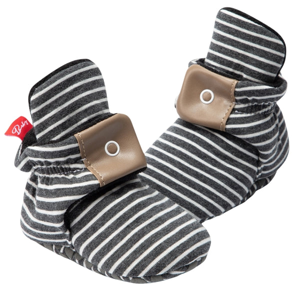 Baby Unisex Cotton Striped Velcro Booties (Grey)-BT5080
