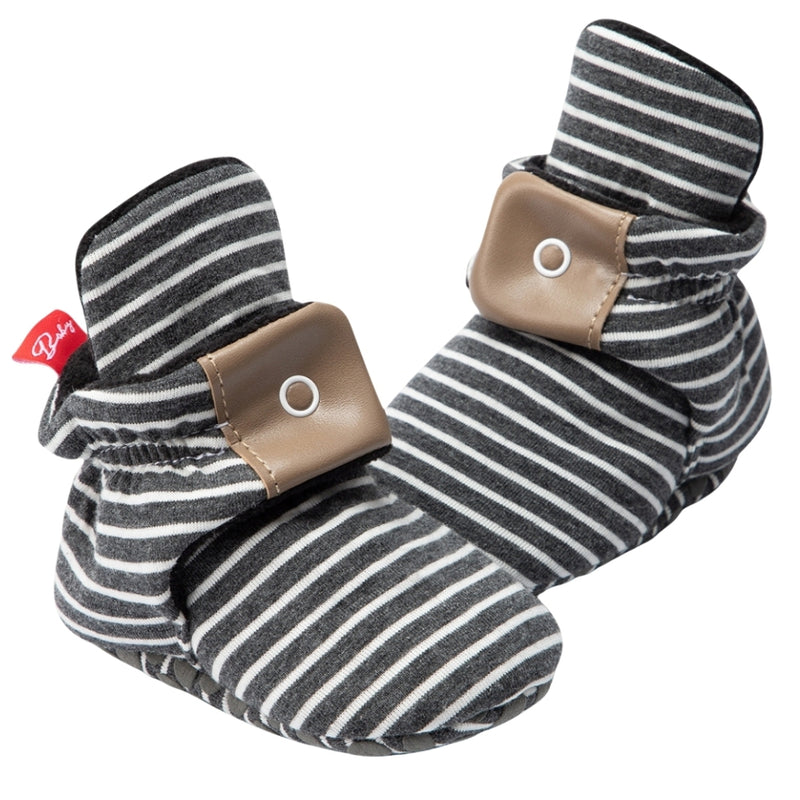 Baby Unisex Cotton Striped Velcro Booties (Grey)-BT5080