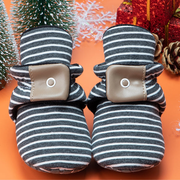 Baby Unisex Cotton Striped Velcro Booties (Grey)-BT5080