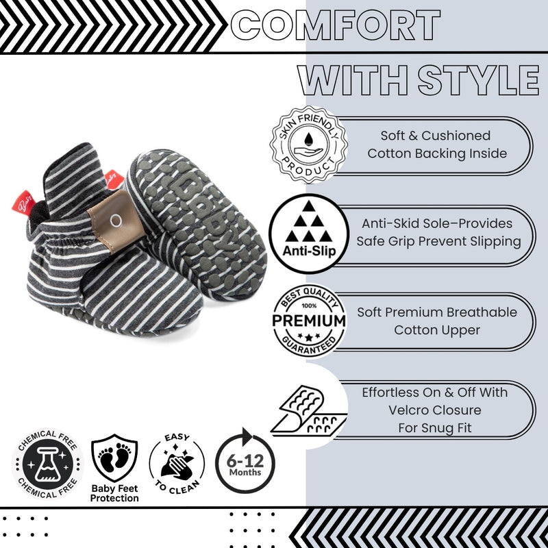 Baby Unisex Cotton Striped Velcro Booties (Grey)-BT5080