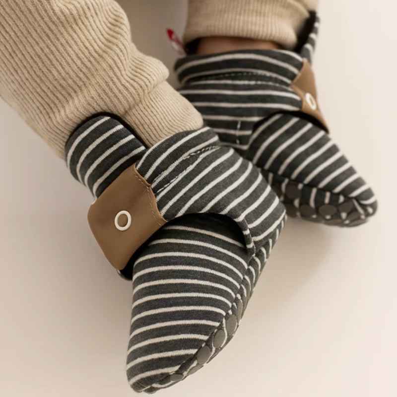 Baby Unisex Cotton Striped Velcro Booties (Grey)-BT5080