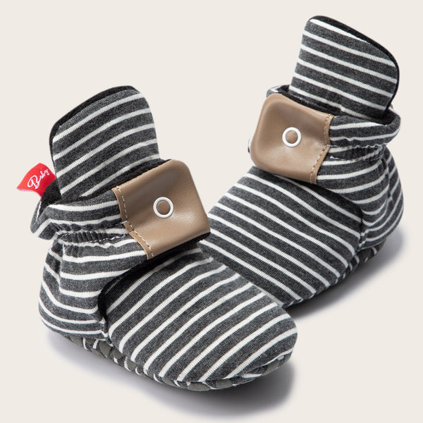 Baby Unisex Cotton Striped Velcro Booties (Grey)-BT5080