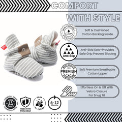 Baby Unisex Cotton Striped Velcro Booties (Grey)-BT5081