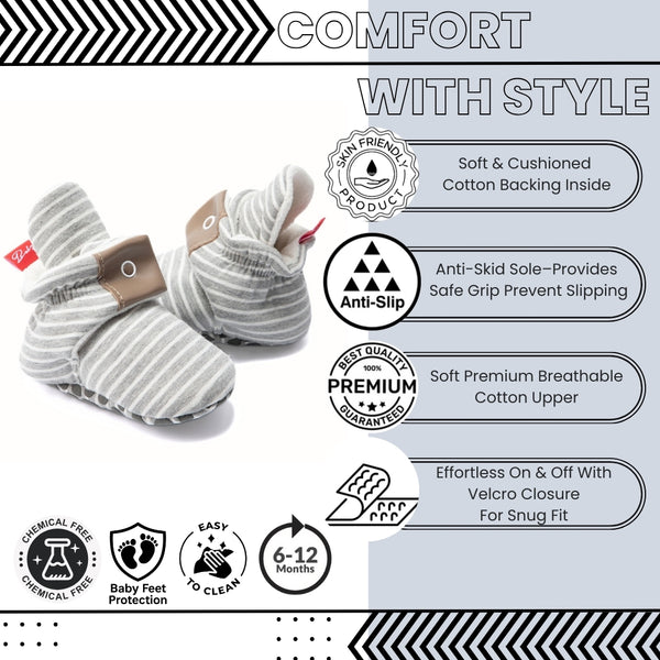 Baby Unisex Cotton Striped Velcro Booties (Grey)-BT5081