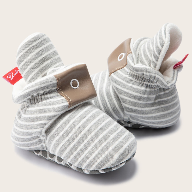 Baby Unisex Cotton Striped Velcro Booties (Grey)-BT5081