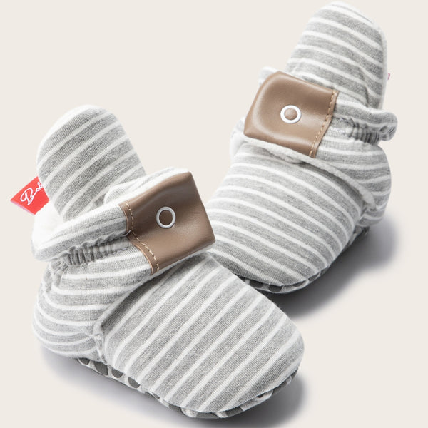 Baby Unisex Cotton Striped Velcro Booties (Grey)-BT5081