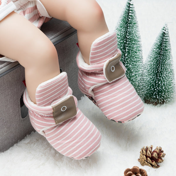 Baby Unisex Cotton Striped Velcro Booties (Peach)-BT5082