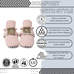 Baby Unisex Cotton Striped Velcro Booties (Peach)-BT5082