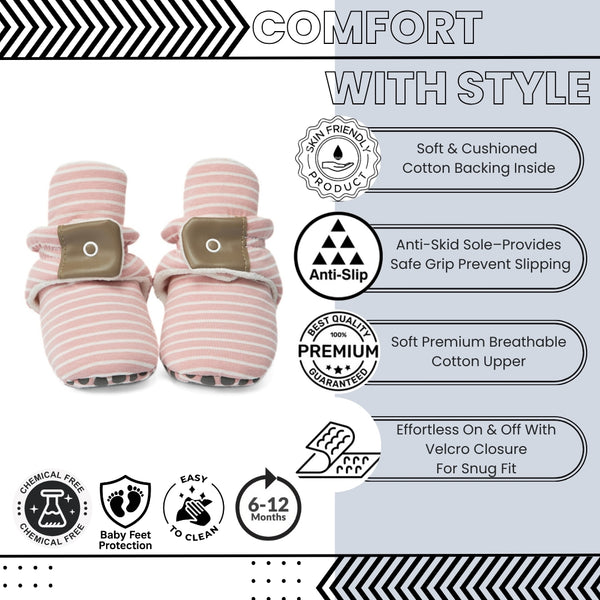 Baby Unisex Cotton Striped Velcro Booties (Peach)-BT5082
