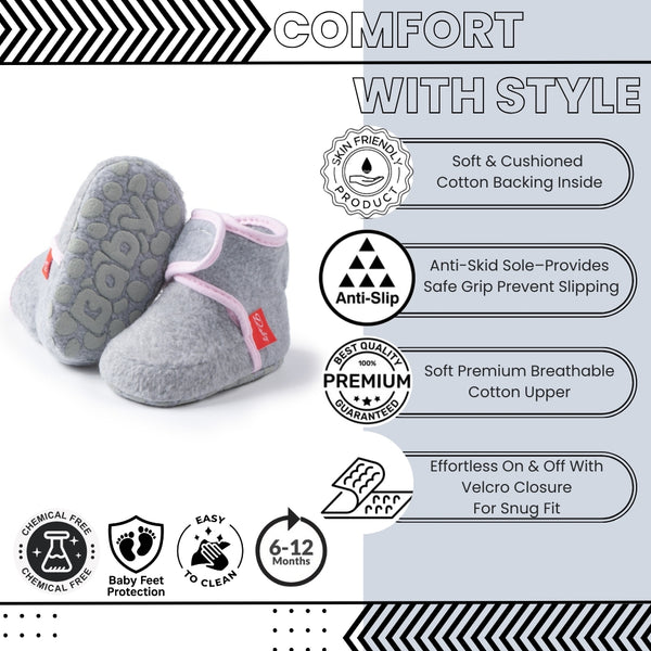 Baby Unisex Cotton Fur Velcro Booties (Grey,Pink)-BT5083