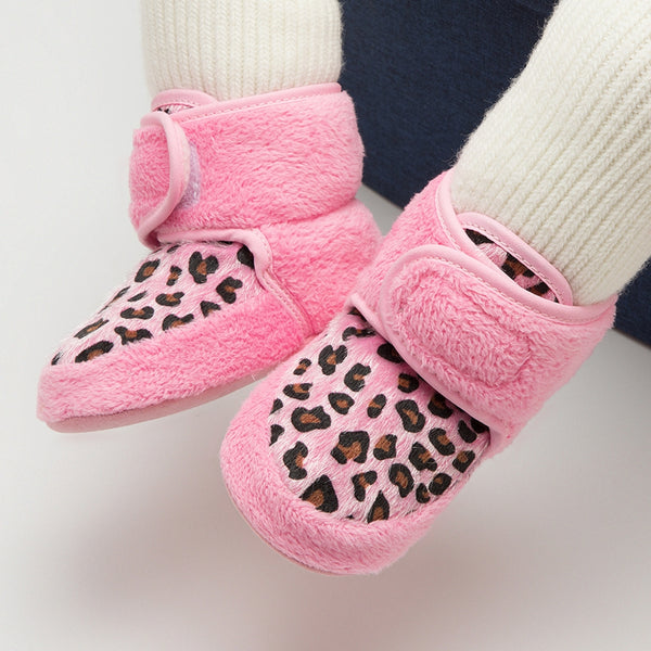 Baby Unisex Fur Animal Print Velcro Booties (Pink)-BT5086