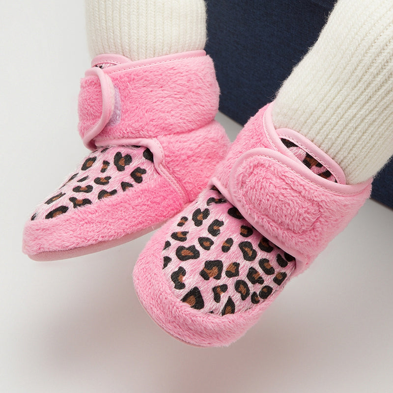 Baby Unisex Fur Animal Print Velcro Booties (Pink)-BT5086