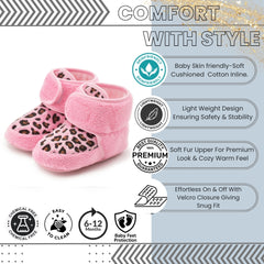Baby Unisex Fur Animal Print Velcro Booties (Pink)-BT5086