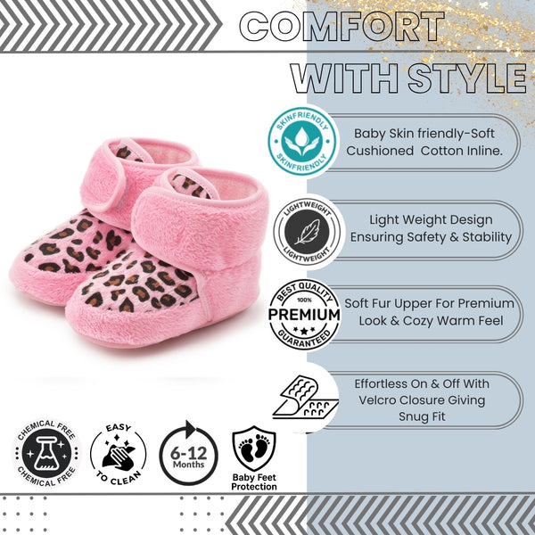 Baby Unisex Fur Animal Print Velcro Booties (Pink)-BT5086