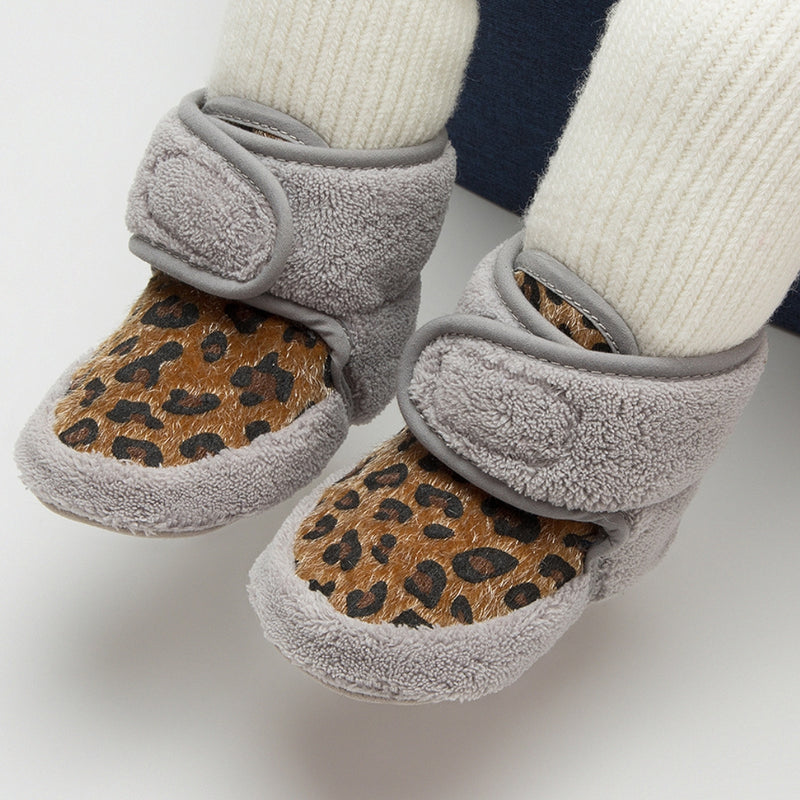 Baby Unisex Fur Animal Print Velcro Booties (Grey,Brown)-BT5087