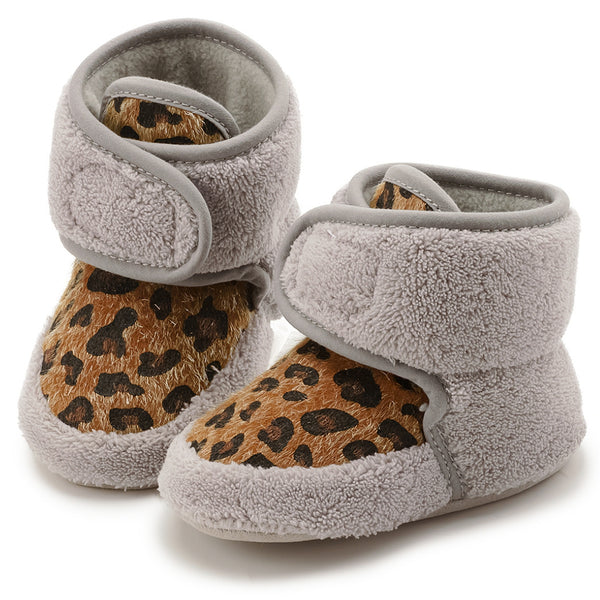 Baby Unisex Fur Animal Print Velcro Booties (Grey,Brown)-BT5087