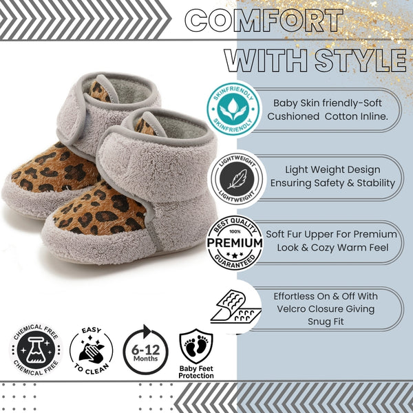 Baby Unisex Fur Animal Print Velcro Booties (Grey,Brown)-BT5087