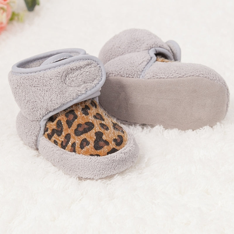 Baby Unisex Fur Animal Print Velcro Booties (Grey,Brown)-BT5087
