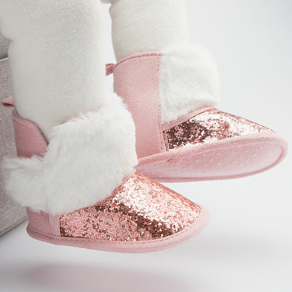 Baby Unisex Glittery Slip On High Ankle Shoes Booties (Pink)-BT5088
