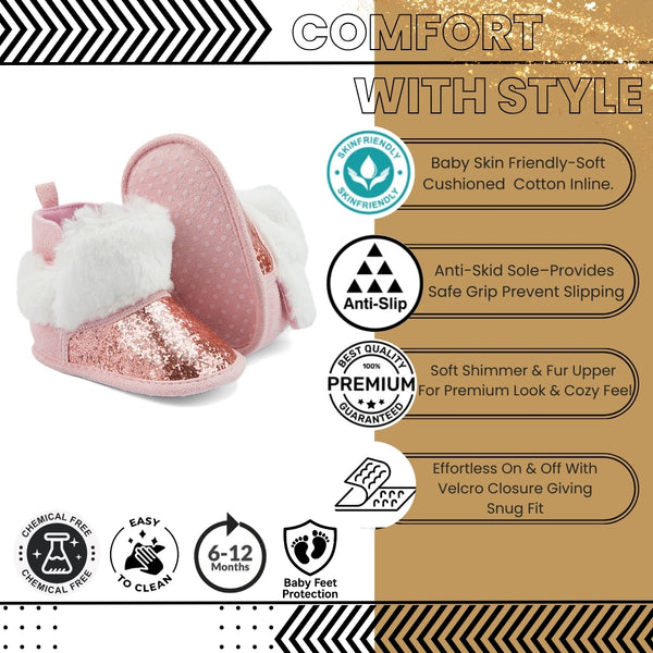 Baby Unisex Glittery Slip On High Ankle Shoes Booties (Pink)-BT5088