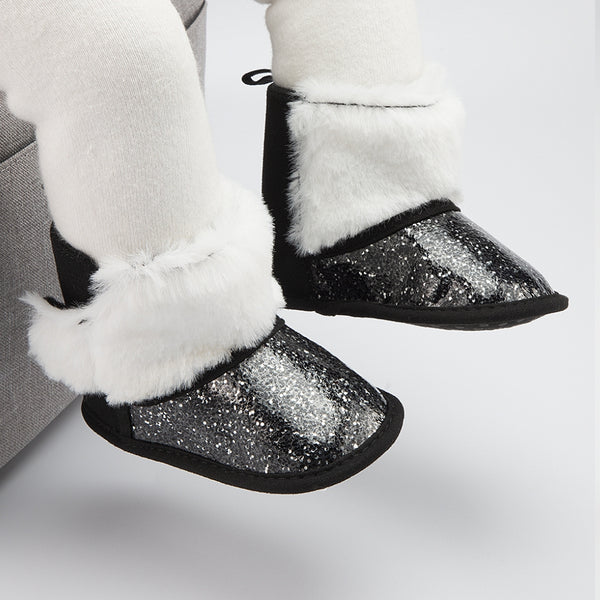 Baby Unisex Glittery Slip On High Ankle Shoes Booties (Black)-BT5089