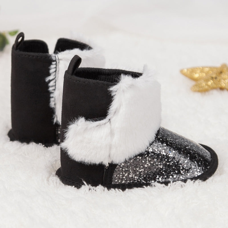 Baby Unisex Glittery Slip On High Ankle Shoes Booties (Black)-BT5089