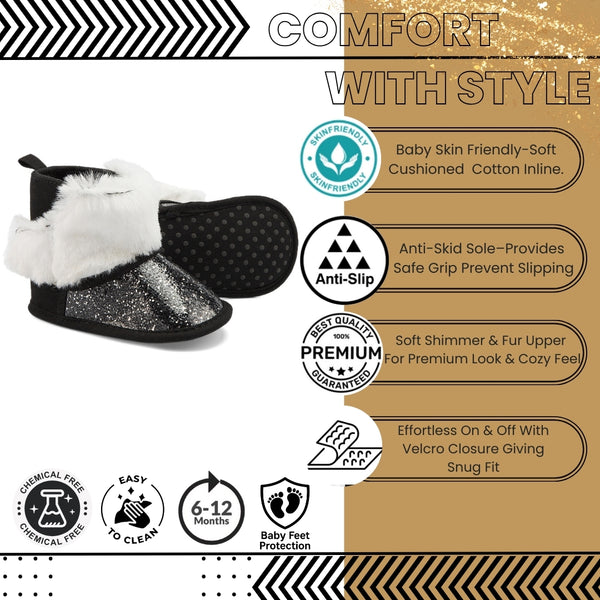 Baby Unisex Glittery Slip On High Ankle Shoes Booties (Black)-BT5089