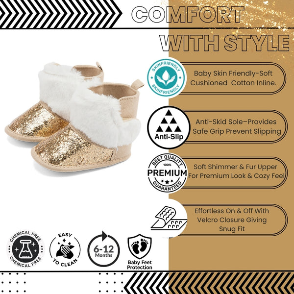 Baby Unisex Glittery Slip On High Ankle Shoes Booties (Gold)-BT5090