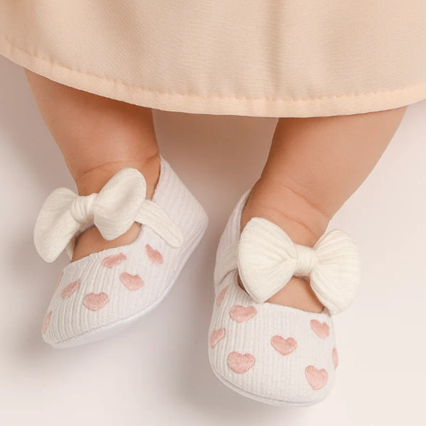 Baby Unisex Bow Polka Heart Slip on Booties (White,Pink)-BT5095